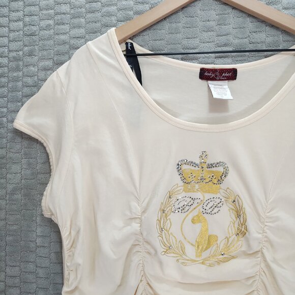 Vintage Y2K Baby Phat-Baby Doll Tee-Cap Sleeves-Ruching-Gold Crown Cat-2X - Picture 2 of 8